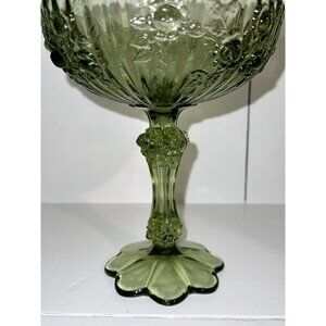 Vintage Fenton Cabbage Rose, Colonial Green Glass Footed Compote Candy Dish